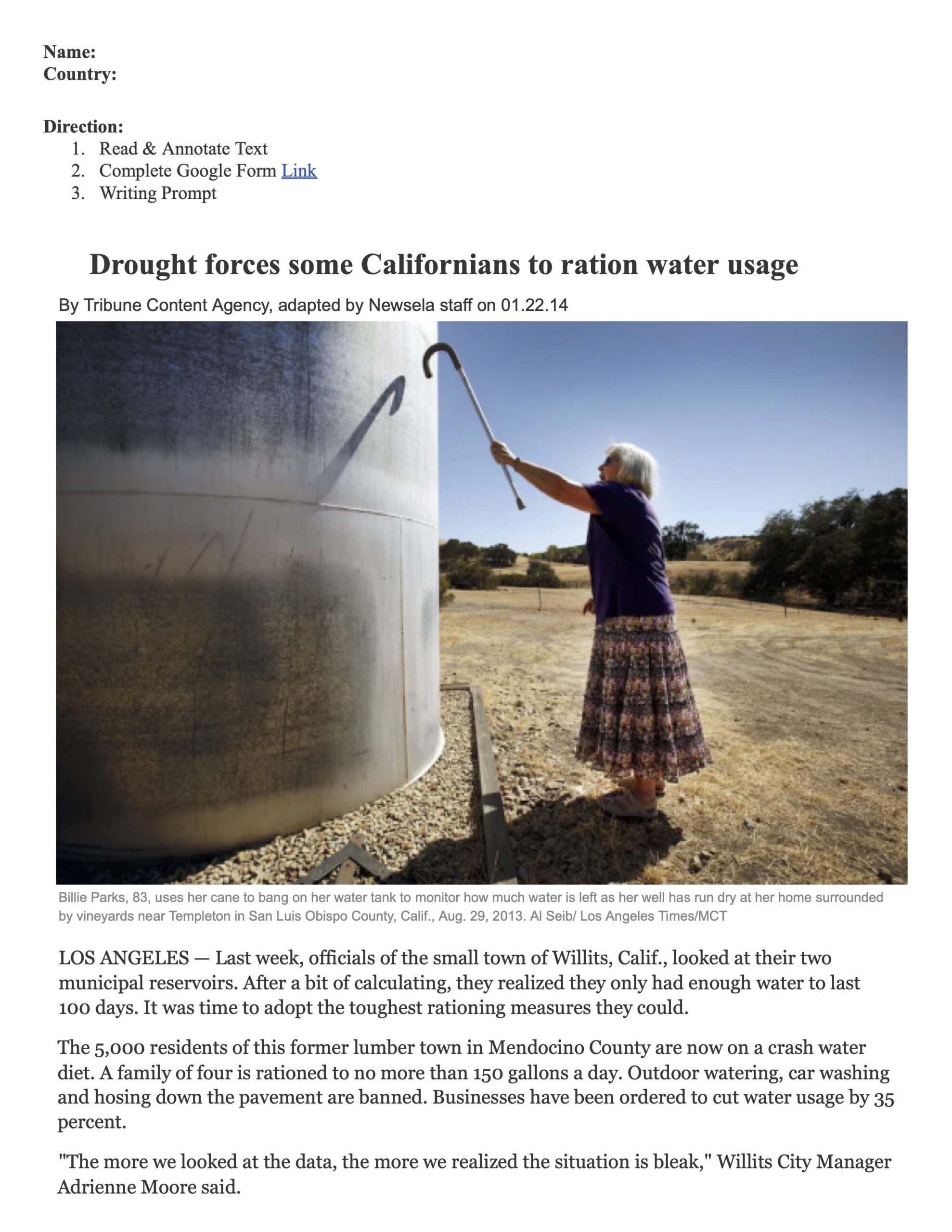 Newspaper article on California drought